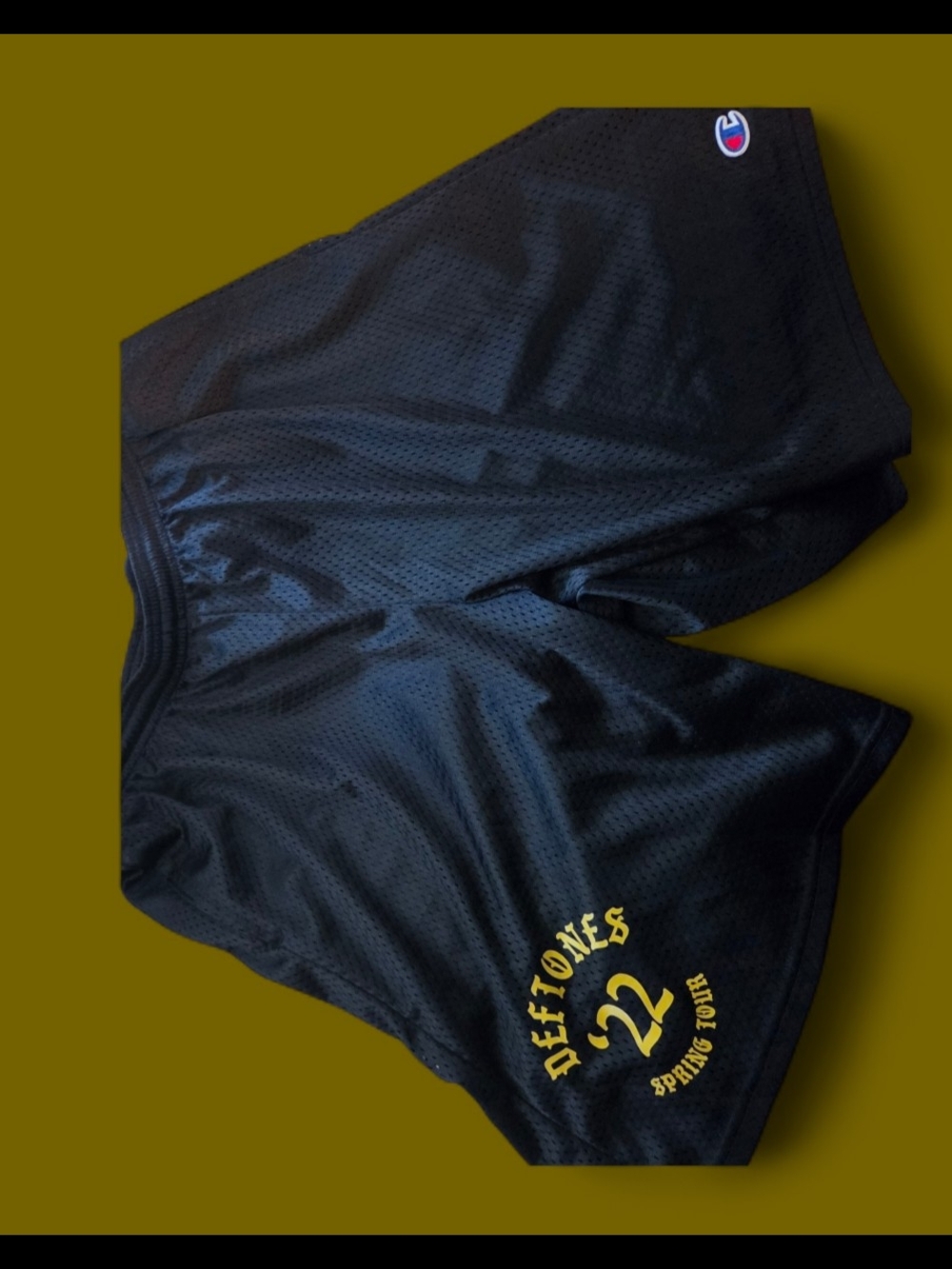 Champion Black Mesh Shorts with Yellow Deftones Good Squad '22 Graphic